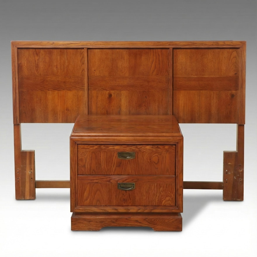 Bassett Mid Century Modern Campaign Style Oak Headboard and Nightstand