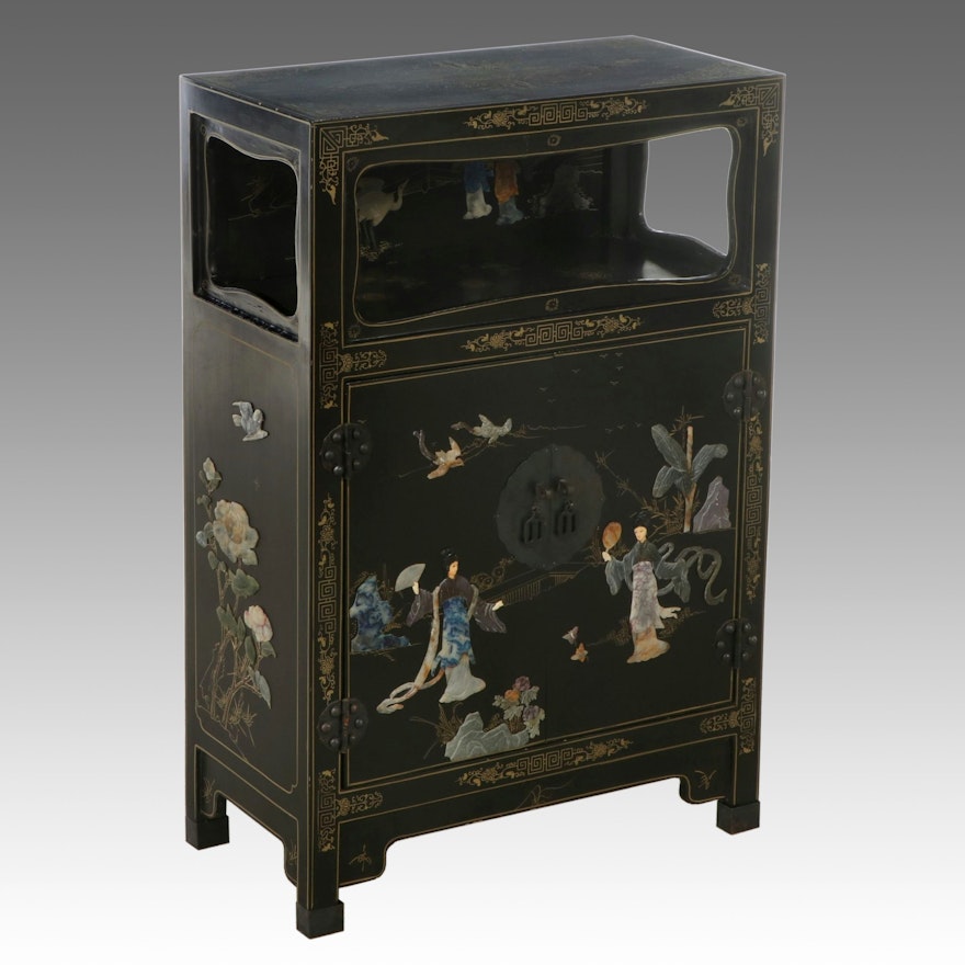 Chinese Lacquered Wood Cabinet with Stone Inlay, Mid to Late 20th Century