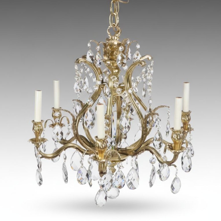 Baroque Style Six-Arm Gilt Finish Crystal Chandelier